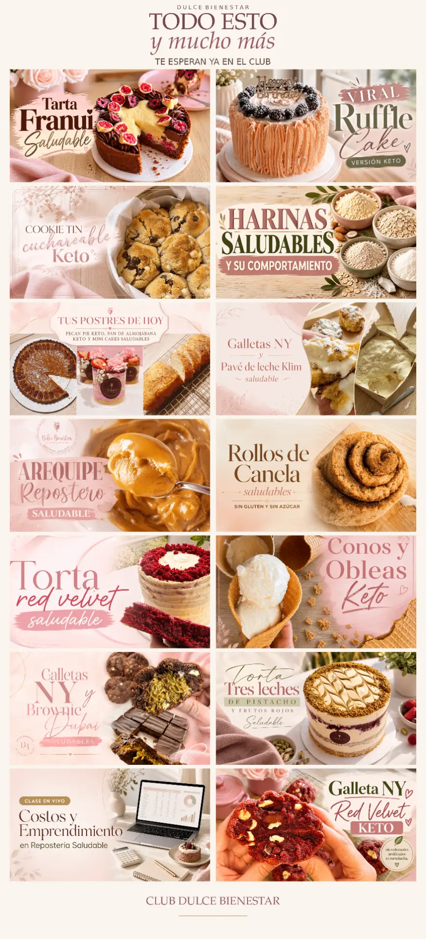 Catálogo de clases ya disponibles en el Club Dulce Bienestar: tarta Franui saludable, ruffle cake keto, cookie tin cuchareable keto, harinas saludables y su comportamiento, pecan pie keto con pan de almojábana y mini cakes, galletas NY y pavé de leche Klim, arequipe repostero, rollos de canela sin gluten ni azúcar, torta red velvet, conos y obleas keto, galletas NY y brownie Dubai, torta tres leches de pistacho y frutos rojos, clase en vivo de costos y emprendimiento, y galleta NY red velvet keto.