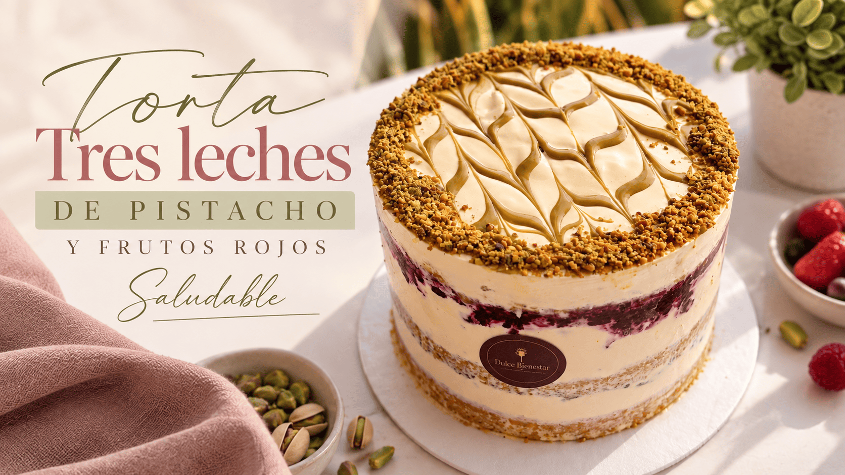 Torta tres leches de pistacho y frutos rojos saludable